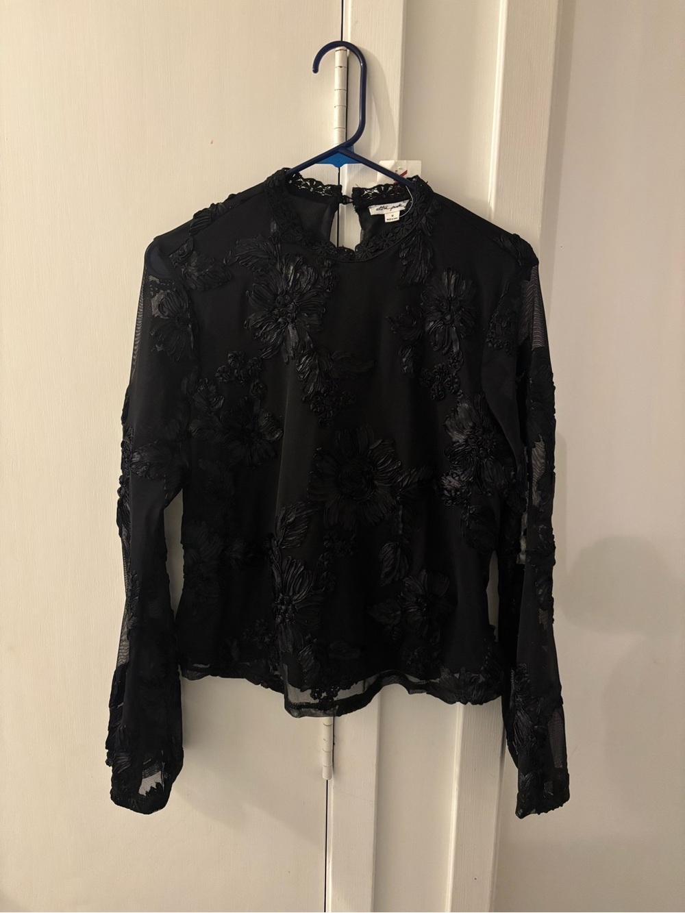 NWT Ultra Pink Black Sheer Floral Long Sleeve Embroidered Blouse